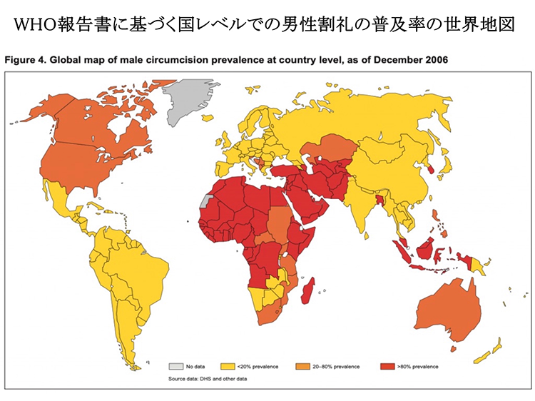 WHO報告書に基づく国レベルでの男性割礼の普及率の世界地図